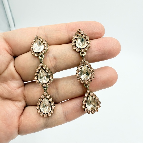 Bridal Rose Gold Tone Halo Teardrop Rhinestones Wedding Dangle Drop Earrings - Picture 1 of 6